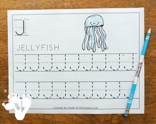 Free Ocean Animals Letter Tracing Print & Cursive - one letter per page with 6 letters in the set all with ocean animals themes in uppercase and lowercase for both print and cursive - #freeprintable #abcs #3dinosaurs