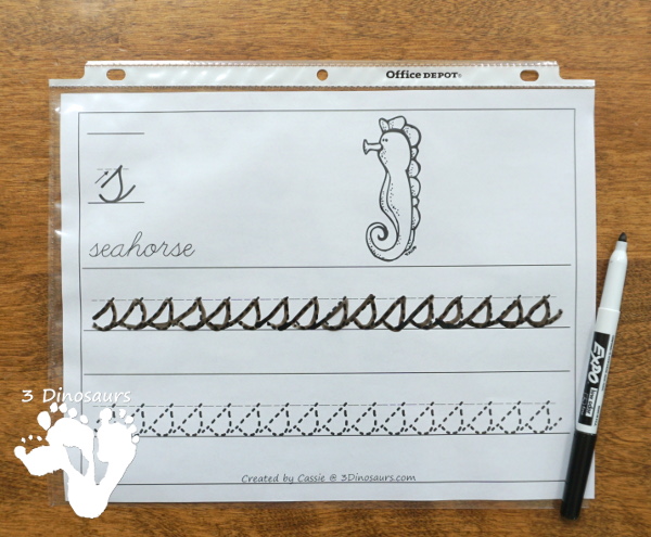 Free Ocean Animals Letter Tracing Print & Cursive - one letter per page with 6 letters in the set all with ocean animals themes in uppercase and lowercase for both print and cursive - #freeprintable #abcs #3dinosaurs