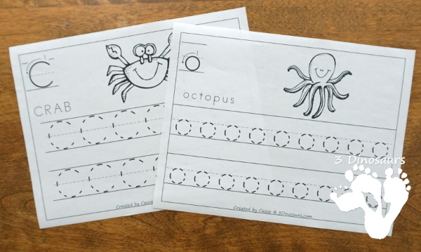Free Ocean Animals Letter Tracing Print & Cursive - one letter per page with 6 letters in the set all with ocean animals themes in uppercase and lowercase for both print and cursive - #freeprintable #abcs #3dinosaurs