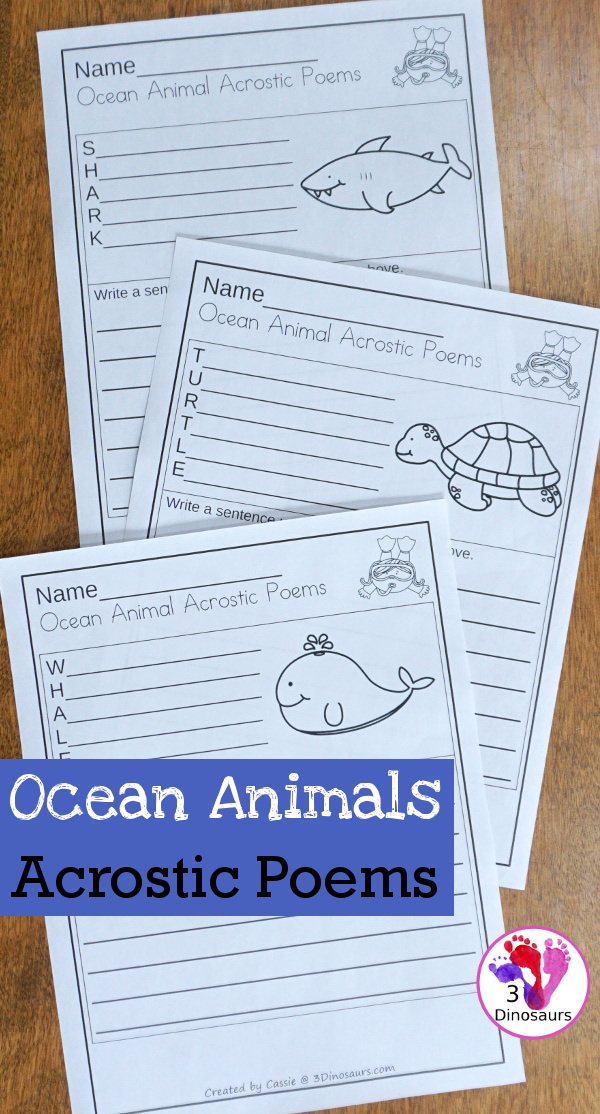 Free Ocean Animals Acrostic Poems - 6 ocean animals acrostic poems with writing - #freeprintable #poems #writingforkids #3dinosaurs