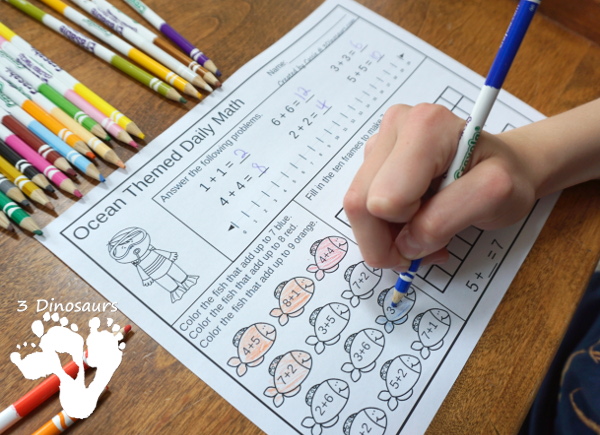 No Prep Ocean Addition & Subtraction and Multiplication & Division - 30 pages no-prep printables with a mix of addition and subtraction or multiplication and division activities plus a math center activities - 3Dinosaurs.com #noprepmath #tpt #addition #subtraction #multiplication #division