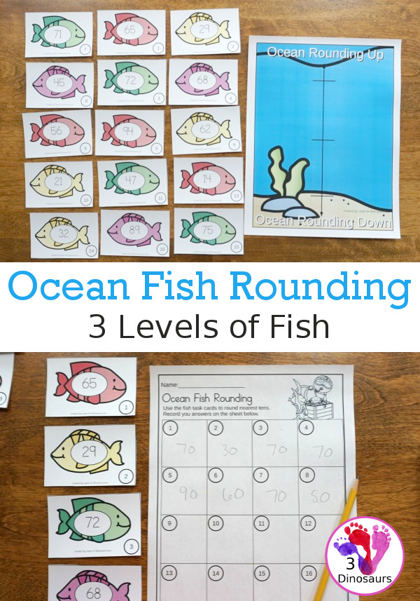 Free Ocean Fish Rounding by Place Value - 3 levels of fish with a recording sheet and rounding mats all to help with different levels of rounding - #freeprintable #mathforkids  #3dinosaurs