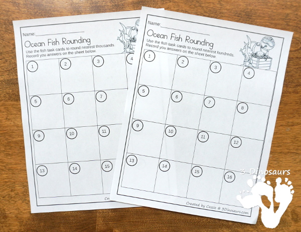 Free Ocean Fish Rounding by Place Value - 3 levels of fish with a recording sheet and rounding mats all to help with different levels of rounding - #freeprintable #mathforkids  #3dinosaurs