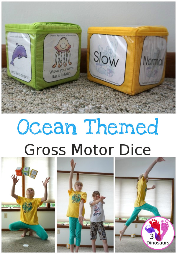 Free Ocean Themed Gross Motor Dice -6 movements in the ocean with a speed dice - 3Dinosaurs.com #freeprintable #grossmotor #3dinosaurs