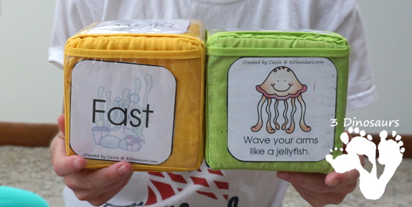 Free Ocean Themed Gross Motor Dice -6 movments in the ocean with a speed dice - 3Dinosaurs.com #freeprintable #grossmotor #3dinosaurs