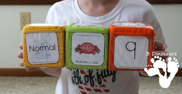 Free Ocean Themed Gross Motor Dice -6 movements in the ocean with a speed dice - 3Dinosaurs.com #freeprintable #grossmotor #3dinosaurs