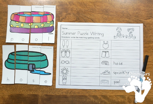 Free Hands-On Learning with Summer Themed Spelling Puzzles - work on summer words with 10 puzzles and recording mat. - 3Dinosaurs.com #freeprintable #spelling #handsonlearning #3dinosaurs