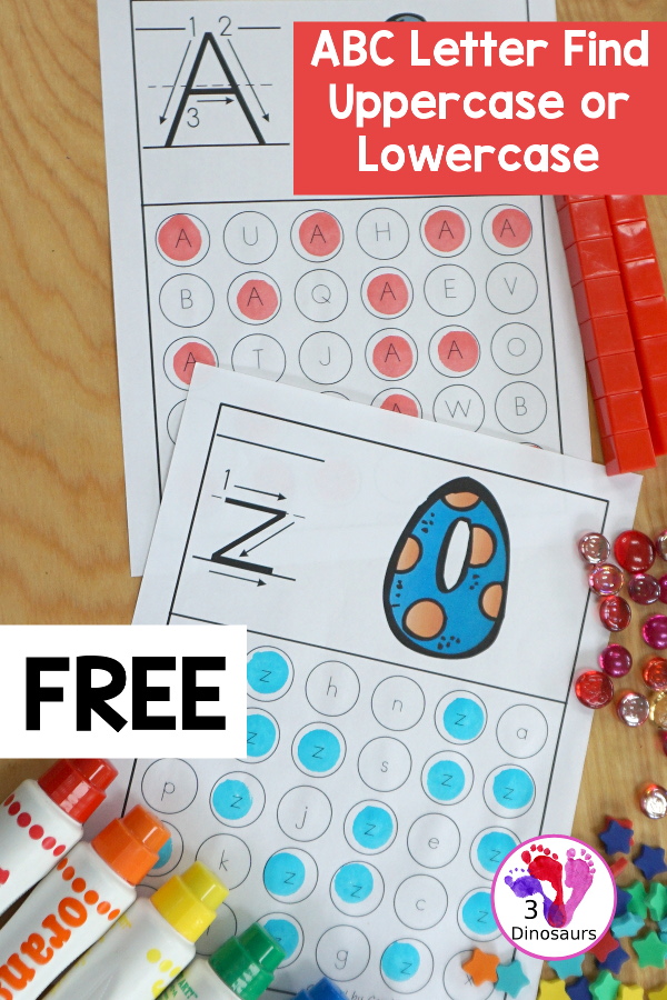 Free ABC Letter Find Uppercase or Lowercase Printable - 52 pages of printables with an ABC find for each letter in uppercase only or lowercase only options - 3Dinosaurs.com