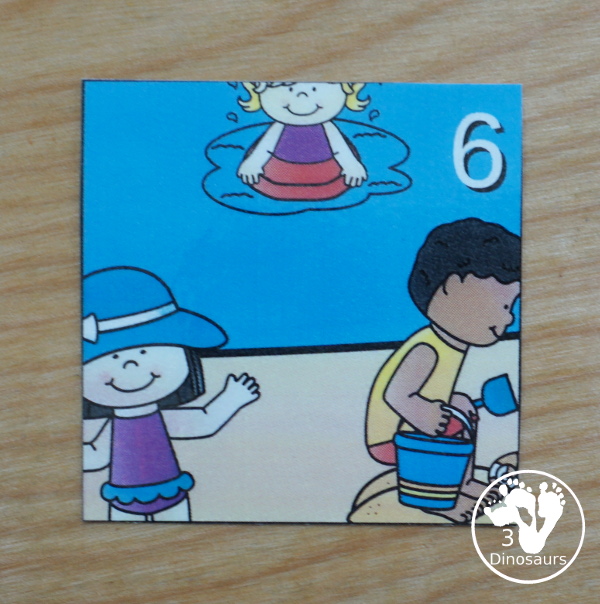 Free Beach Themed Addition Puzzle - with addition from 1 to 12 with a hands-on matching puzzles with a beach scene. - 3Dinosaurs.com