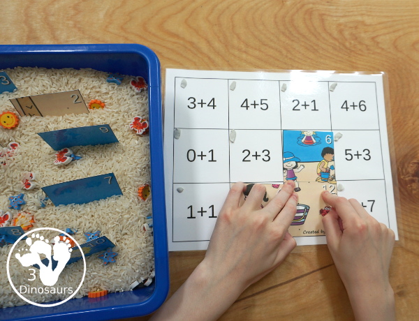 Free Beach Themed Addition Puzzle - with addition from 1 to 12 with a hands-on matching puzzles with a beach scene. - 3Dinosaurs.com