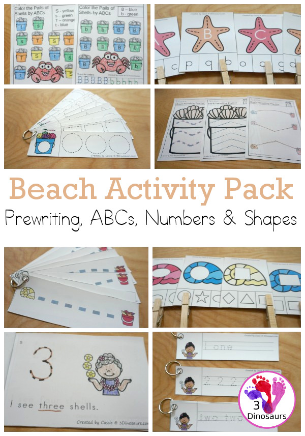 Beach Activity Pack: Prewriting, ABCs, Shapes, & Numbers - a fun activity pack with 189 pages of printables with a mix of no-prep, easy reader books and clip cards for learning with a beach and shell theme for kids to try out and learn with printables that all work together. - 3Dinosaurs.com