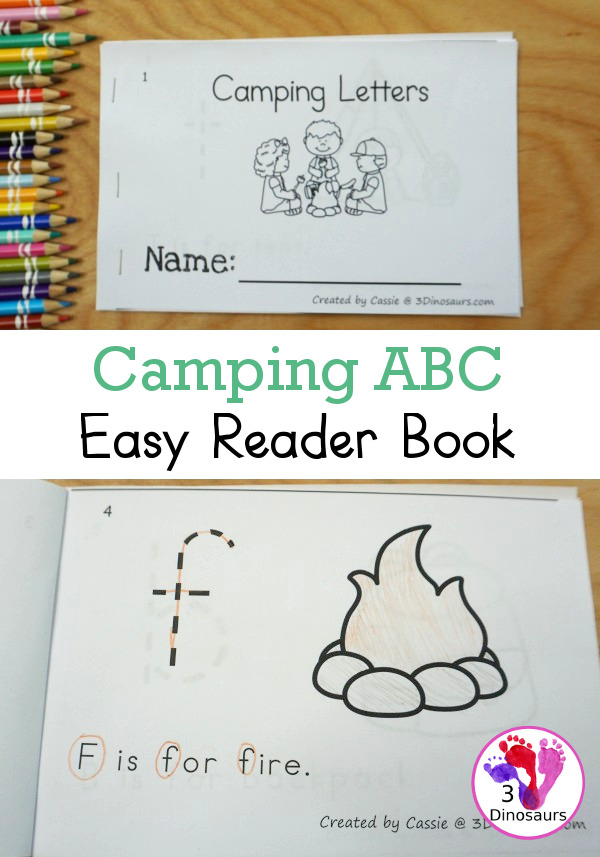 Free Camping Theme ABC Easy Reader Book - a simple 10 page book to use with kids while working on lowercase letters and simple sentence reading - 3Dinosaurs.com
