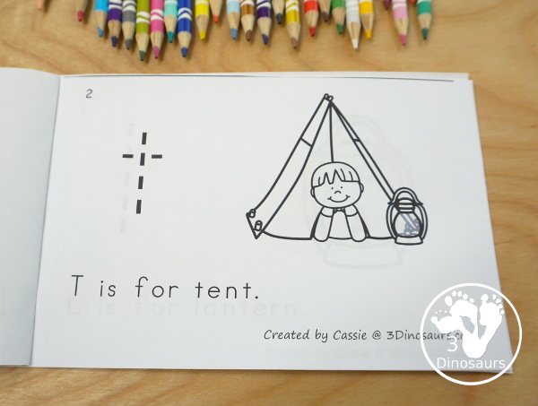 Free Campin Theme ABC Easy Reader Book - a simple 10 page book to use with kids while working on lowercase letters and simple sentence reading - 3Dinosaurs.com