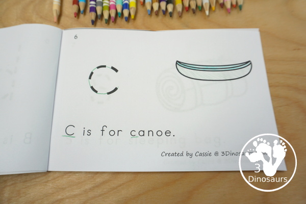 Free Camping ABC Easy Reader Book - a simple 10 page book to use with kids while working on lowercase letters and simple sentence reading - 3Dinosaurs.com