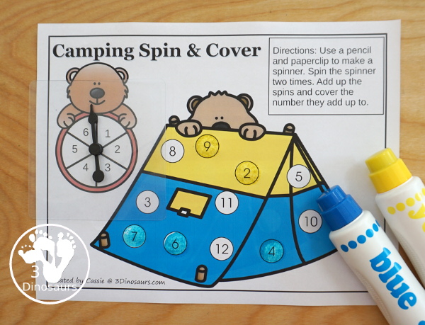 Free Camping Spin & Cover: Counting, Addition & Multiplication - three fun worksheets to work on counting and numbers 1 to 6, adding from 1 to 6 and multiplication 1 to 6 - 3Dinosaurs.com