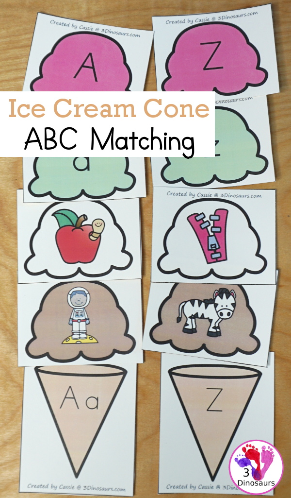 Free Ice Cream Cone ABC Matching - three cone types with 4 matching scoops for the cones. - 3Dinosaurs.com  #3dinosaurs #kindergarten #prek #ABCs #freeprintable