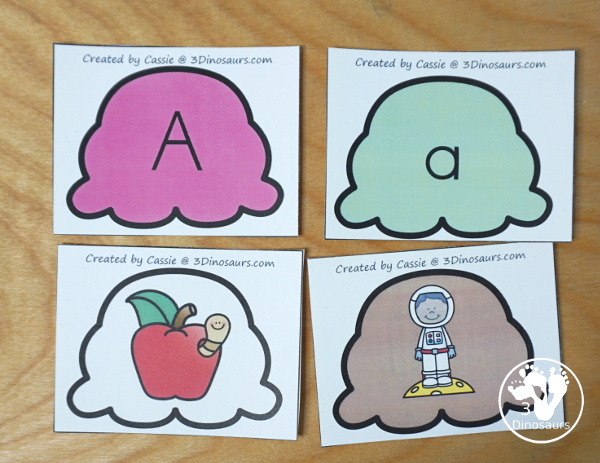 Free Ice Cream Cone ABC Matching - three cone types with 4 matching scoops for the cones. - 3Dinosaurs.com  #3dinosaurs #kindergarten #prek #ABCs #freeprintable
