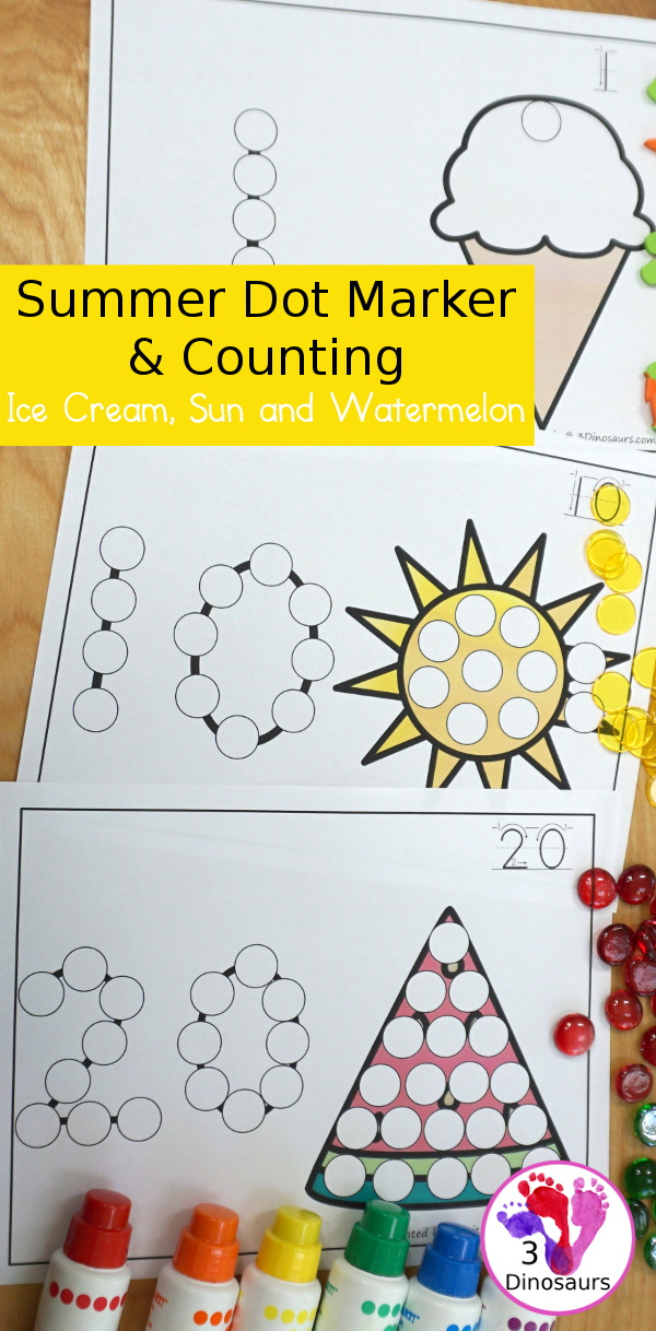 Summer Dot the Number & Counting: Sun, Ice Cream, & Watermelon - work on numbers 0 to 20 with colors and black and white page options - 3Dinosaurs.com  #3dinosaurs #kindergarten #prek #numbers #dotmarker #bingodauber #counting