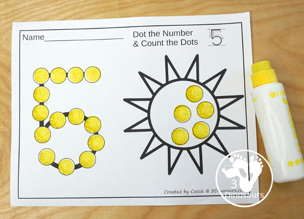 Summer Dot the Number & Counting: Sun, Ice Cream, & Watermelon - work on numbers 0 to 20 with colors and black and white page options - 3Dinosaurs.com  #3dinosaurs #kindergarten #prek #numbers #dotmarker #bingodauber #counting 