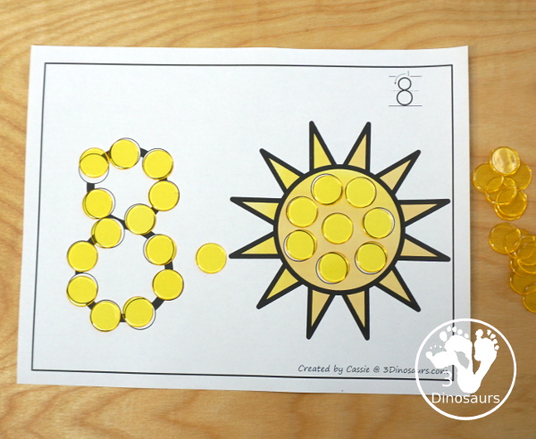 Summer Dot the Number & Counting: Sun, Ice Cream, & Watermelon - work on numbers 0 to 20 with colors and black and white page options - 3Dinosaurs.com  #3dinosaurs #kindergarten #prek #numbers #dotmarker #bingodauber #counting