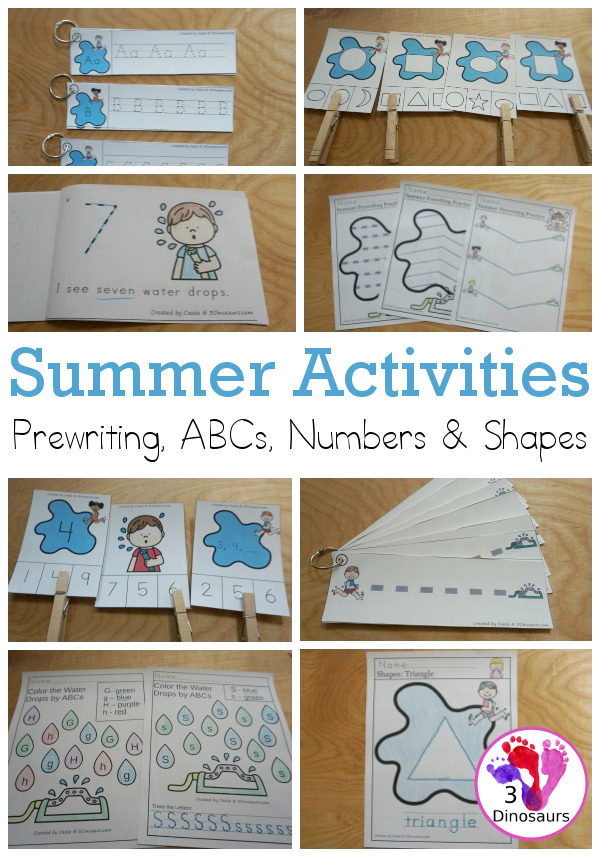 Summer Themed Prewriting, Shape, ABCs & Numbers - a fun activity pack with 189 pages of printables with a mix of no-prep, easy reader books and clip cards for learning with a summer water theme for kids to try out and learn with printables that all work together.  - 3Dinosaurs.com