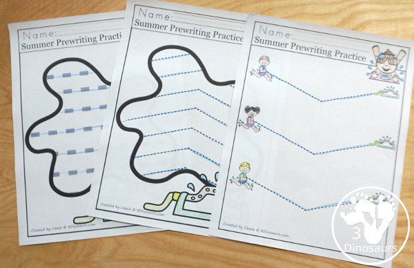 Summer Themed Prewriting, Shape, ABCs & Numbers - a fun activity pack with 189 pages of printables with a mix of no-prep, easy reader books and clip cards for learning with a summer water theme for kids to try out and learn with printables that all work together.  - 3Dinosaurs.com