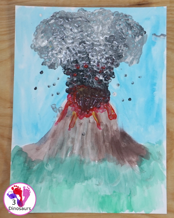 Volcano: Watercolor & Q-Tip Painting - a mix art painting of watercolor and paints with q-tip with the Magic Tree House Book Vacation Under the Volcano - 3Dinosaurs.com