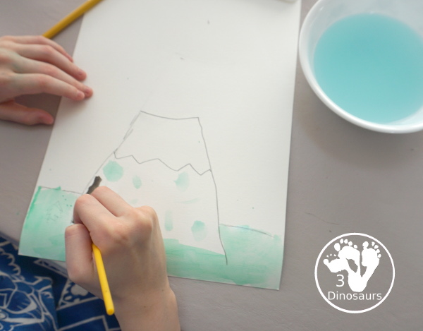 Volcano: Watercolor & Q-Tip Painting - a mix art painting of watercolor and paints with q-tip with the Magic Tree House Book Vacation Under the Volcano - 3Dinosaurs.com