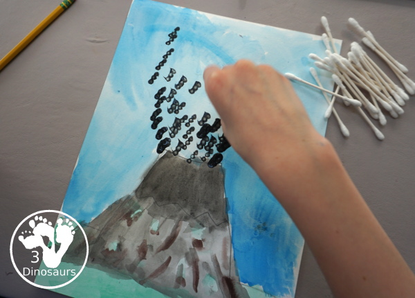 Volcano: Watercolor & Q-Tip Painting - a mix art painting of watercolor and paints with q-tip with the Magic Tree House Book Vacation Under the Volcano - 3Dinosaurs.com