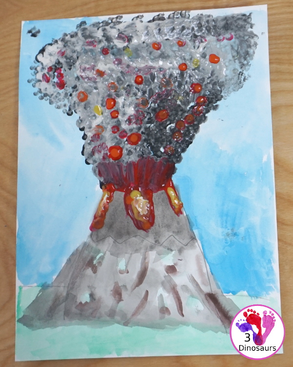 Volcano: Watercolor & Q-Tip Painting - a mix art painting of watercolor and paints with q-tip with the Magic Tree House Book Vacation Under the Volcano - 3Dinosaurs.com