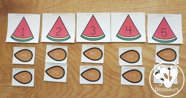 Free Watermelon Addition Matching - with 10 watermelon cards and matching seed cards with addition equations on them - 3Dinosaurs.com  #3dinosaurs #kindergarten #firstgrade #math #addition #freeprintable