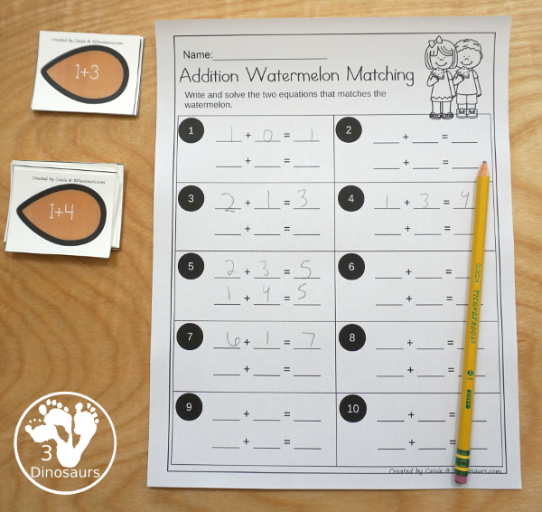Free Watermelon Addition Matching - with 10 watermelon cards and matching seed cards with addition equations on them - 3Dinosaurs.com  #3dinosaurs #kindergarten #firstgrade #math #addition #freeprintable