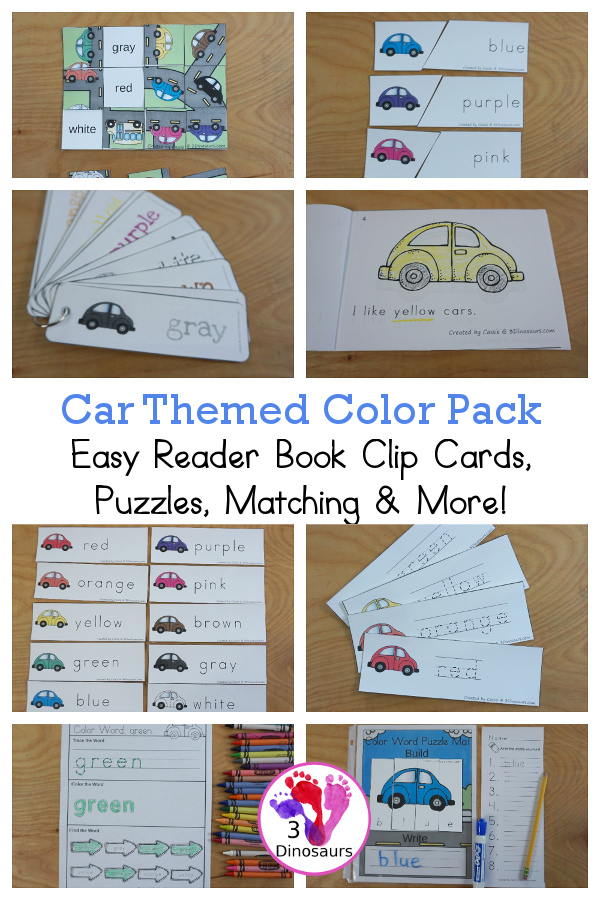 Car Color Pack - with 63 pages of printables with color easy reader book, color clip cards, color tracing strips, color writing strips, color pocket chart cards, color word writing, color word puzzles, and more all to work on learning color words. This is a great transportation theme - 3Dinosaurs.com-  - 3Dinosaurs.com