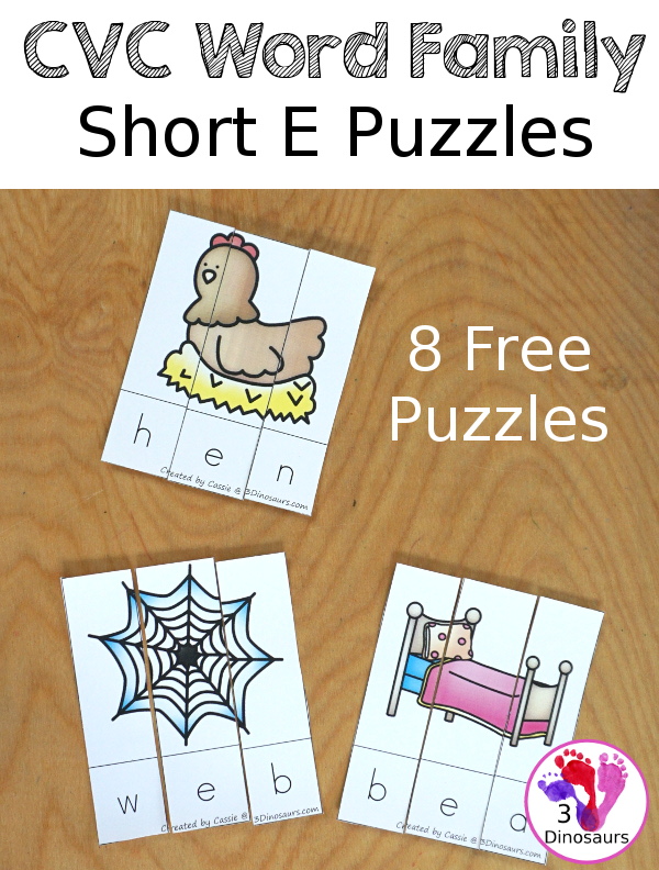 Free CVC Word Family Puzzles Short E: - 8 fun short E puzzles for kids to learn short E CVC words. -eb, -ed, -eg, -en, -et - 3Dinosaurs.com