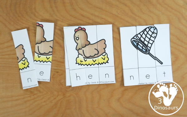 Free CVC Word Family Puzzles Short E: - 8 fun short E puzzles for kids to learn short E CVC words. -eb, -ed, -eg, -en, -et - 3Dinosaurs.com