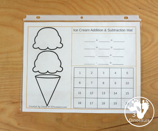 Free Ice Cream Cone Addition & Subtraction Matching Math Facts - with scoops, cones with numbers and math fact sheet and building math fact sheet help mat - 3Dinosaurs.com