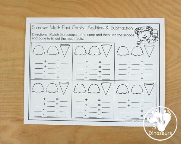 Free Ice Cream Cone Addition & Subtraction Matching Math Facts - with scoops, cones with numbers and math fact sheet and building math fact sheet help mat - 3Dinosaurs.com