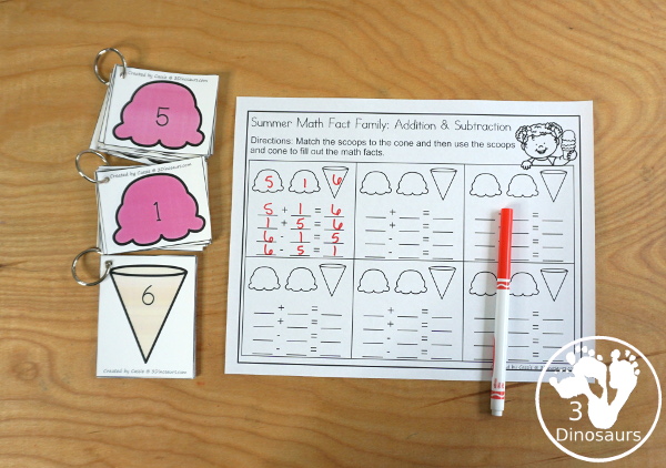 Free Ice Cream Cone Addition & Subtraction Matching Math Facts - with scoops, cones with numbers and math fact sheet and building math fact sheet help mat - 3Dinosaurs.com
