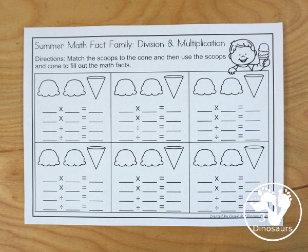 Free Multiplication & Division Ice Cream Cone Math Facts -  with scoops, cones with numbers and math fact sheet and building math fact sheet help mat - 3Dinosaurs.com 