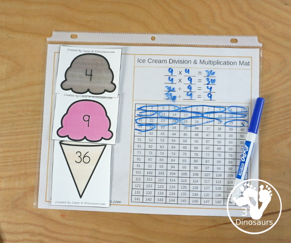 Free Multiplication & Division Ice Cream Cone Math Facts -  with scoops, cones with numbers and math fact sheet and building math fact sheet help mat - 3Dinosaurs.com 