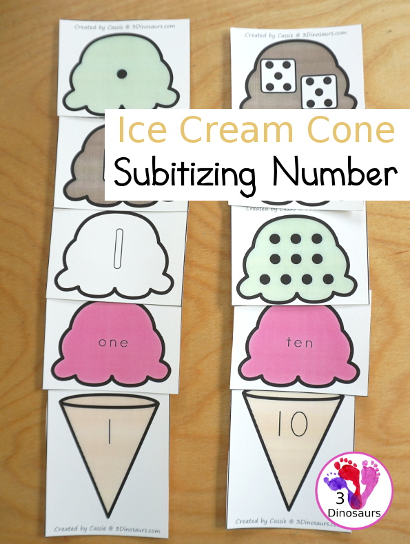 Free Ice Cream Subitizing Practice Matching Cards - Subitizing for dice, dot and tally marks plus number word with fun ice cream cones with the number digit to match - 3Dinosaurs.com