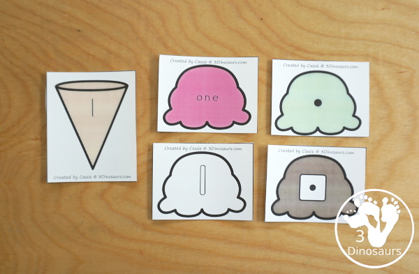 Free Ice Cream Subitizing Practice Matching Cards - Subitizing for dice, dot and tally marks plus number word with fun ice cream cones with the number digit to match - 3Dinosaurs.com