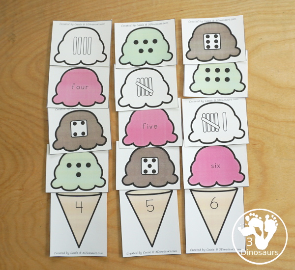 Free Ice Cream Subitizing Practice Matching Cards - Subitizing for dice, dot and tally marks plus number word with fun ice cream cones with the number digit to match - 3Dinosaurs.com