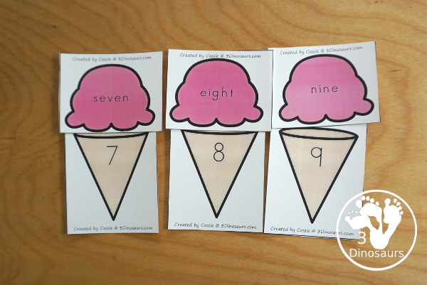 Free Ice Cream Subitizing Practice Matching Cards - Subitizing for dice, dot and tally marks plus number word with fun ice cream cones with the number digit to match - 3Dinosaurs.com
