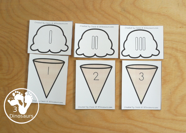 Free Ice Cream Subitizing Practice Matching Cards - Subitizing for dice, dot and tally marks plus number word with fun ice cream cones with the number digit to match - 3Dinosaurs.com