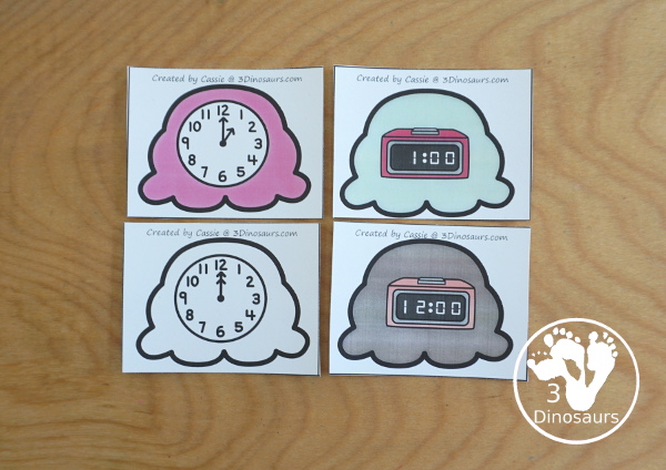  Free Telling Time Ice Cream Cone Matching - with hourly time matching activity for kids to do with words, digital clocks, and analog clocks. - 3Dinosaurs.com