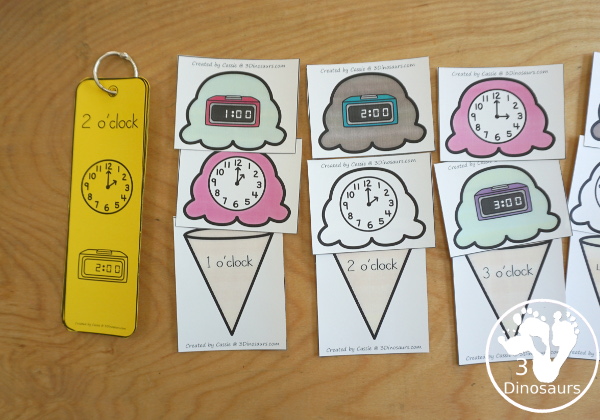  Free Telling Time Ice Cream Cone Matching - with hourly time matching activity for kids to do with words, digital clocks, and analog clocks. - 3Dinosaurs.com