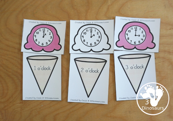 Free Telling Time Ice Cream Cone Matching - with hourly time matching activity for kids to do with words, digital clocks, and analog clocks. - 3Dinosaurs.com