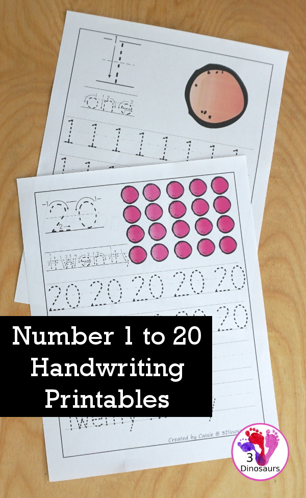 Free Number 1 to 20 Handwriting Printables - working tracing numbers 1 to 20 with number digit and number word - These a great handwriting tools for kids in kindergarten  - 3Dinosaurs.com