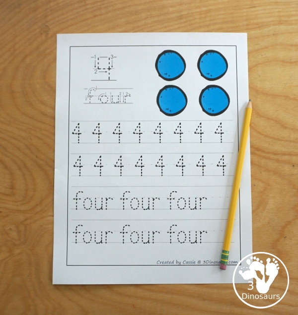 Free Number 1 to 20 Handwriting Printables - working tracing numbers 1 to 20 with number digit and number word - These a great handwriting tools for kids in kindergarten  - 3Dinosaurs.com